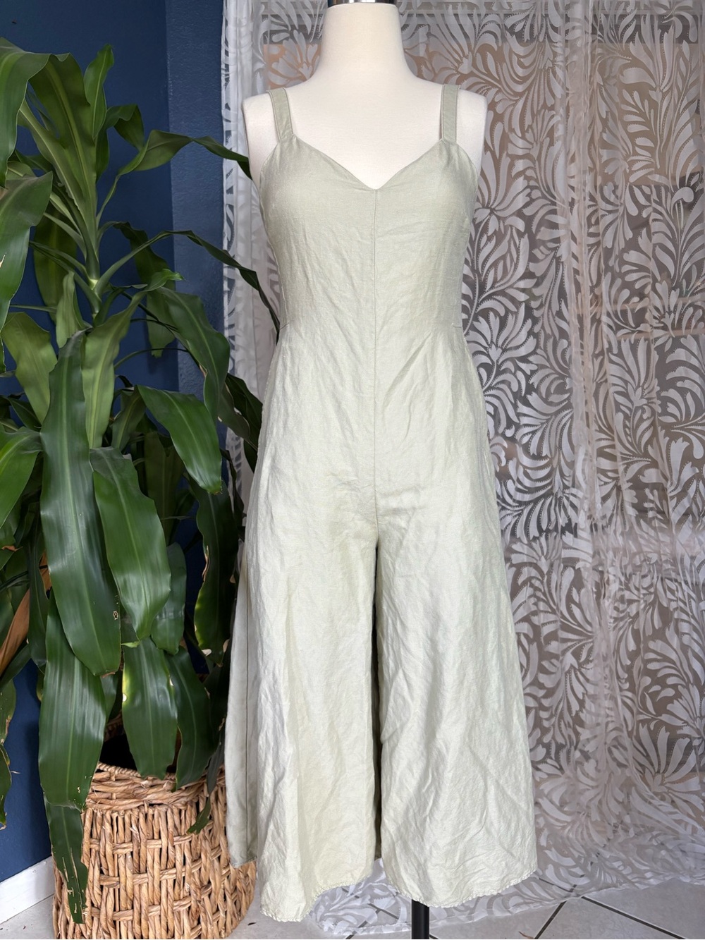 Club Monaco Linen Jumpsuit - Sage Green Wide Leg Wide Strap Romper Overall